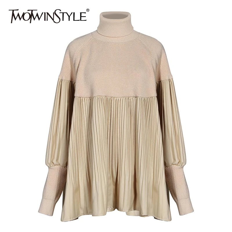 

TWOTWINSTYLE Patchwork Pleated Knitting Sweaters For Female Turtleneck Lantern Long Sleeve Loose Sweater Women Fashion Clothing