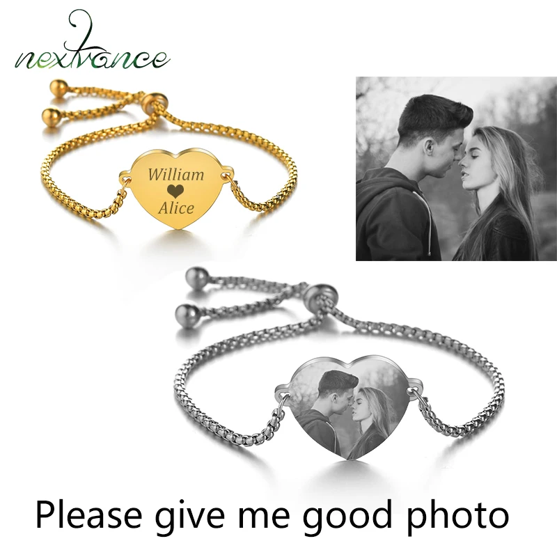 

Nextvance Heart Custom Photo Name Pendant Bracelet Stainless Steel Personalized Engraved ID Tag Bangles For Family Gift