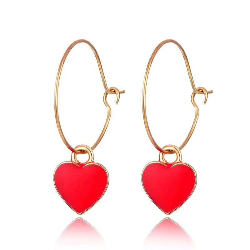 

1pair Fashion Chic Red Heart Hoop Earrings For Women Girl Classical Elegant Gold Color Round Circle Earring Female Jewelry E348