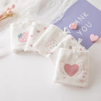 

Underpants Female Cotton Girl Japanese Strawberry White Cute Cartoon Print High School Student Mid-Waist Briefs Fat Times