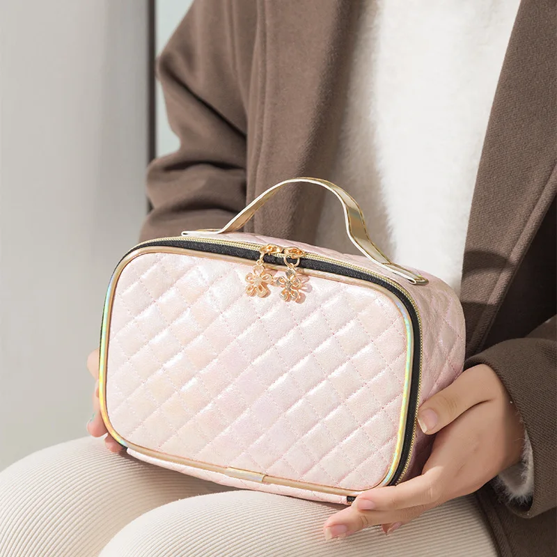 FUDEAM Leather Argyle Portable Women Cosmetic Bag Multifunction Waterproof Travel Storage Organize Handbag Female Makeup Case 2