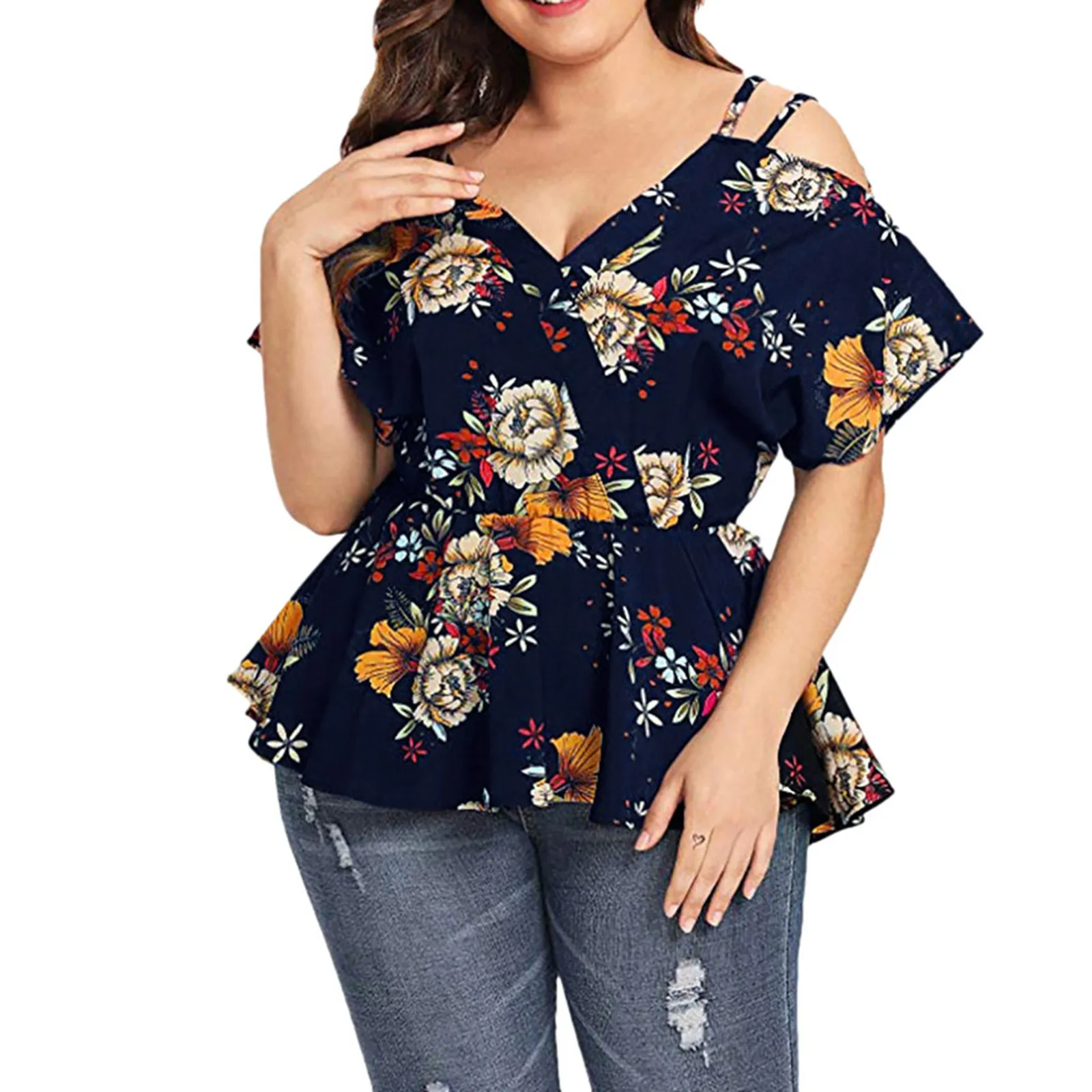 Túnica de talla grande para mujer, camisa de manga corta con cuello en V, blusa sin tirantes con estampado Floral, Top de verano