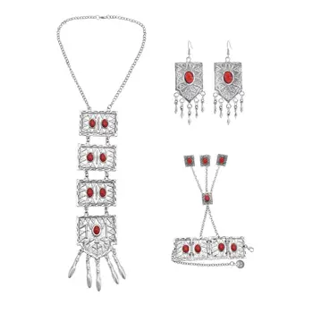 

Vintage Afghan Silver-color Metal Red Stone Necklace Bracelet Earrings Sets for Women Bohemian Gypsy Party Indian Jewelry Sets