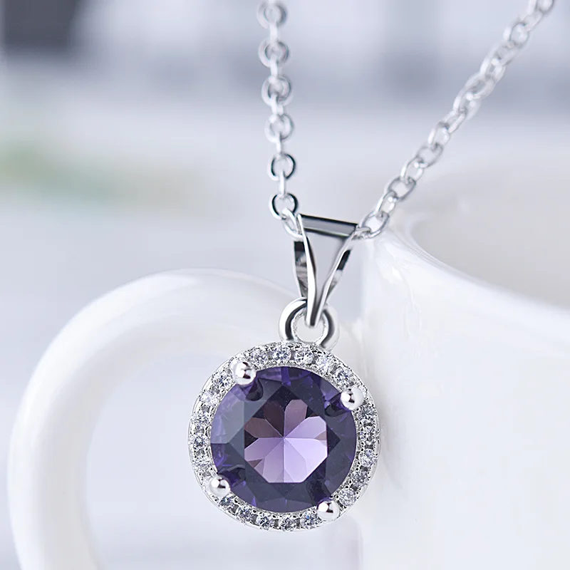purple no chain OMHXZJ,, CA419, Европейская мода, для женщин, девушек, для вечеринки, дня рождения, свадьбы, подарок, Круглый циркониевый 925 пробы, Серебряный кулон, Шарм - Цвет камня: purple no chain