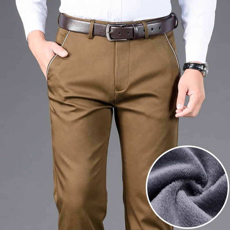 Casual Pants Velvet-Trousers Dark Khaki Stretch Business Classic-Style Male Straight