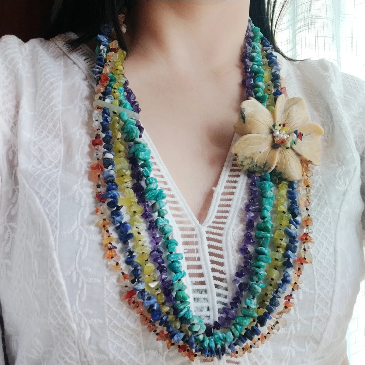 

Lii Ji Real Stone Rainbow Color Statement Long Necklace Amazonite Amethyts Sodalite Agate Big Flower Necklace 82cm Women Jewelry