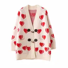 Женский свитер, пончо с длинным рукавом, свободный стиль, узор в виде сердца, вязаный свитер на одной пуговице, пальто, женские зимние кардиганы, джемпер