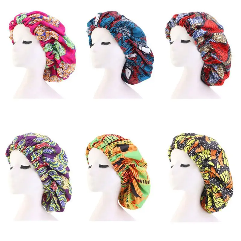

Womens Extra Large Double Layered Bonnet Satin Lined African Floral Print Night Cap Elastic Band Sleep Turban Chemo Hat