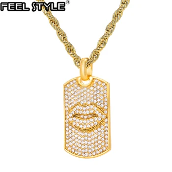 

Iced Out Bling Lips Micro Paved Rhinestone Necklaces & Pendants For Men HIP Hop Jewelry With Rope Chain