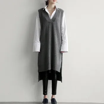 

Women Cashmere Knitted Pullovers Vest Long Waistcoat Autumn Winter Sweater Vests Slim Sleeveless Casual Female Shirt