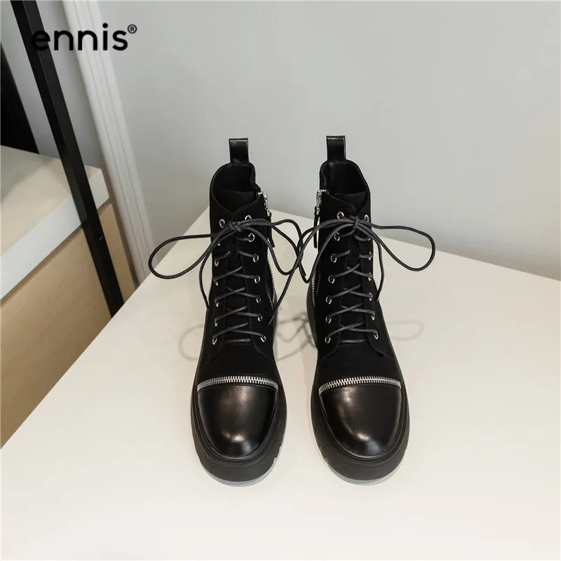 ENNIS/черные ботильоны martin; женские ботинки из натуральной кожи на платформе; зимние ботинки на плоской подошве со шнуровкой; обувь на молнии; модная Осенняя обувь; A9350