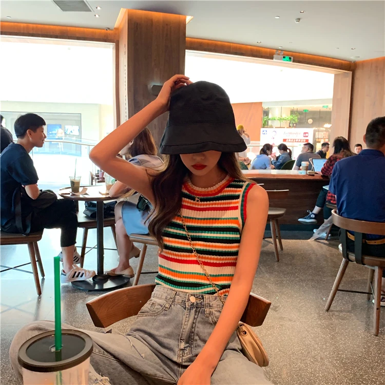 Rainbow Striped Small Halter Korean Harajuku Vest Women's Summer Slim Thin Outer Wear Wild Net Red Sleeveless Knit Top