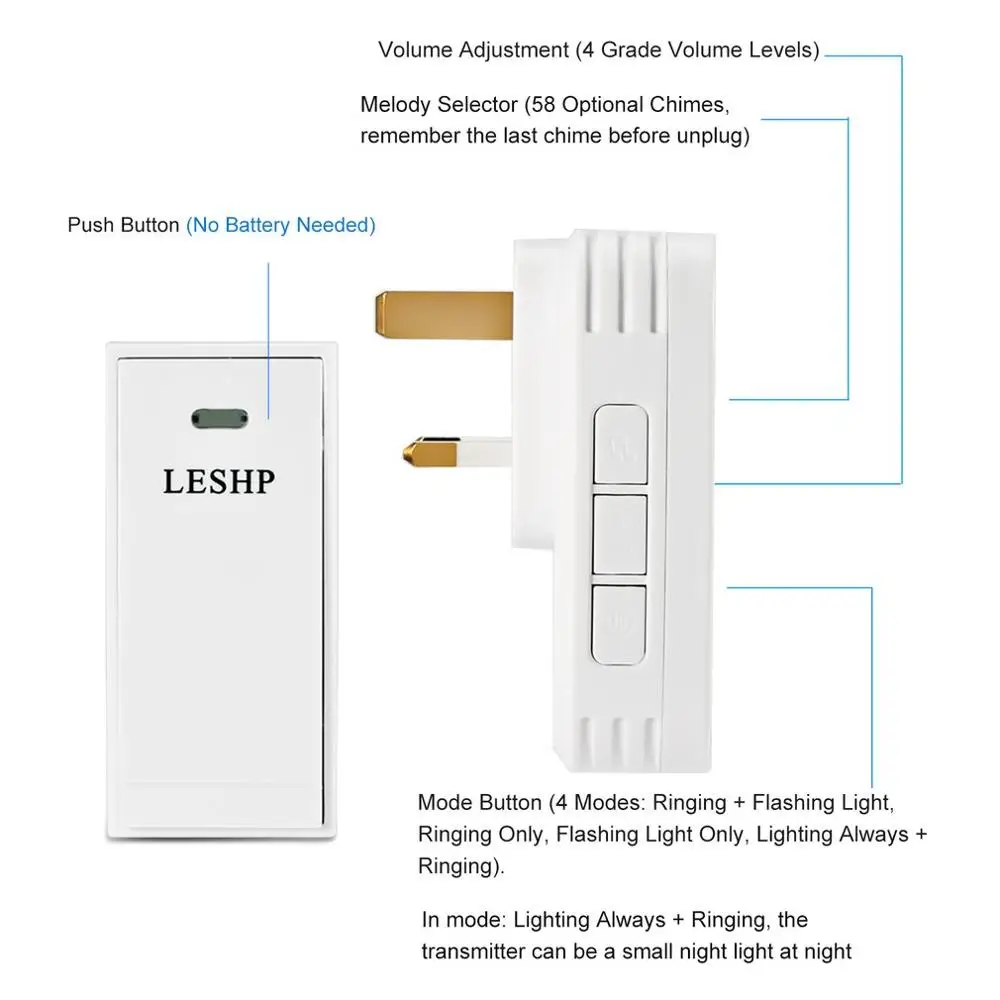 LESHP простой в установке беспроводной музыкальный дверной звонок 150 м дальний пульт дистанционного управления ночной Светильник 58 частей аккорд музыки
