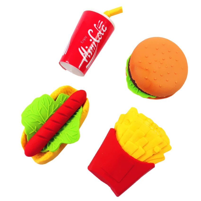 1pcs/lot Interesting Creativity Burger Cola Fries Hot Dog design Food Drink Rubber Eraser brain game for kids School Silgi
