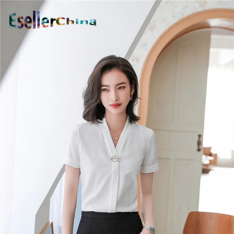 

New Styles 2020 Summer Short Sleeve Blouses Shirts Elegant White for Women Business Work Wear V-neck Blouse Female Tops Clothes