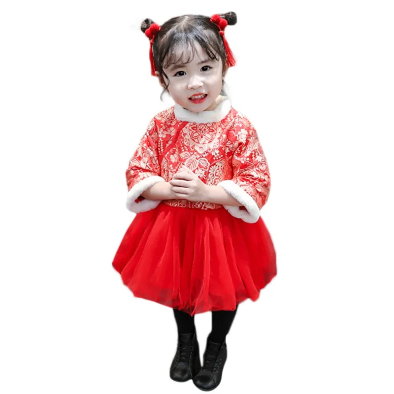 Новогоднее платье для маленьких девочек; платье принцессы; платье Чонсам с длинными рукавами в стиле пэчворк; сетчатые платья