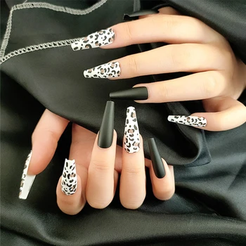 

24pcs/set Extra Long Matte Fake Nails Punk Leopard Design Black Artificial Ballerina False Nails Salon Full Nail Tips with Glue
