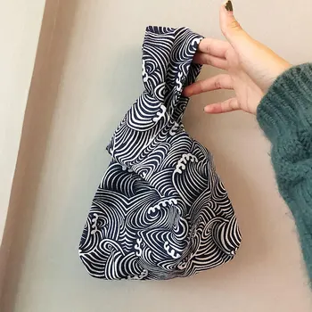 

Women Mini Portable Small Stripe With Handle Daily Fashion Wrist Bag Japanese Style Lunch Pouch Office Tote Picnic Cotton Linen