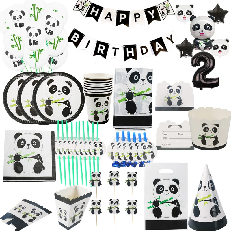 OEIN-Juego de vajilla desechable para niños, decoraciones para fiesta de cumpleaños con temática de Panda de dibujos animados, plato, servilletas, vasos, suministros para Baby Shower y fiesta