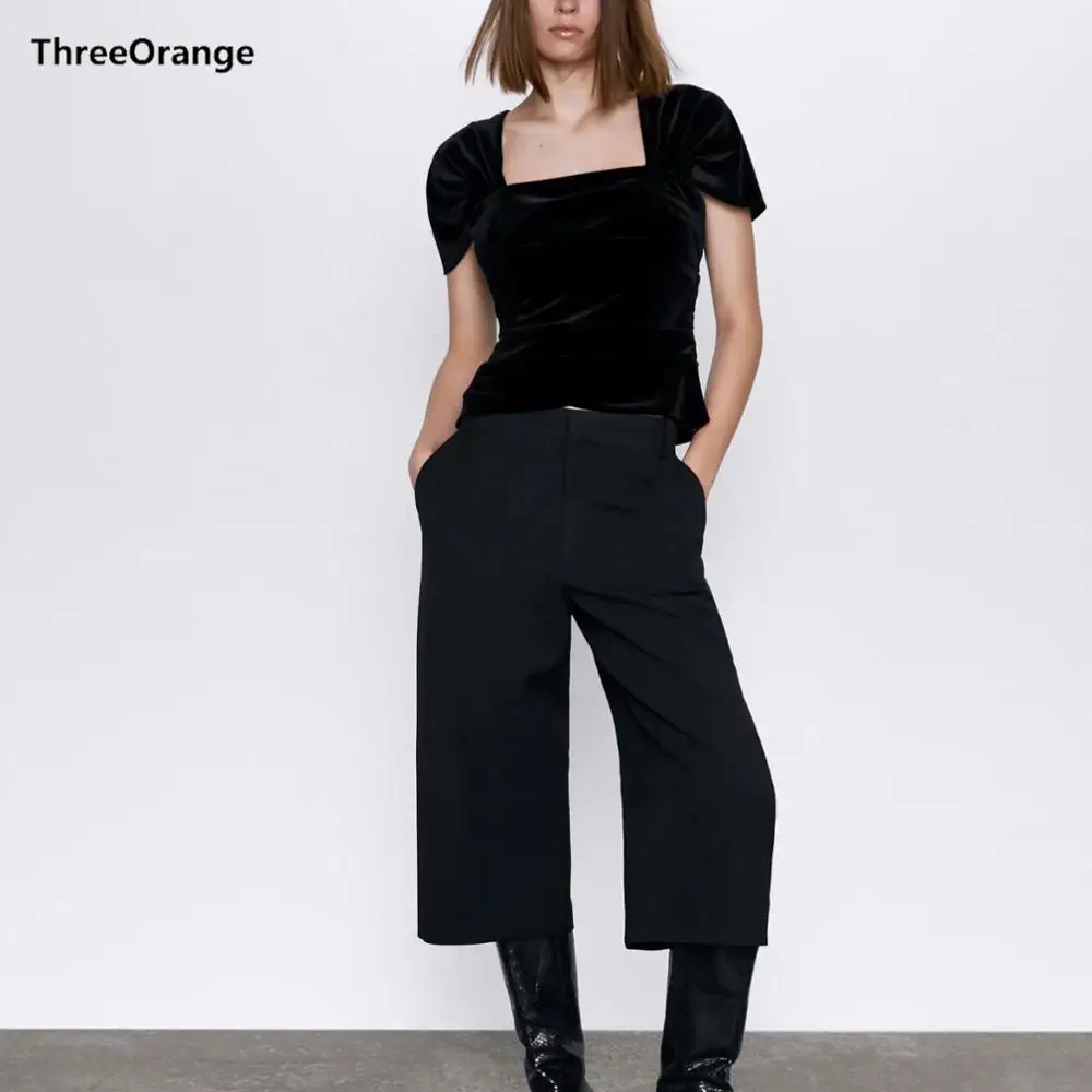 Женская бархатная футболка ZA черный плиссированный топ эластичный облегающий с