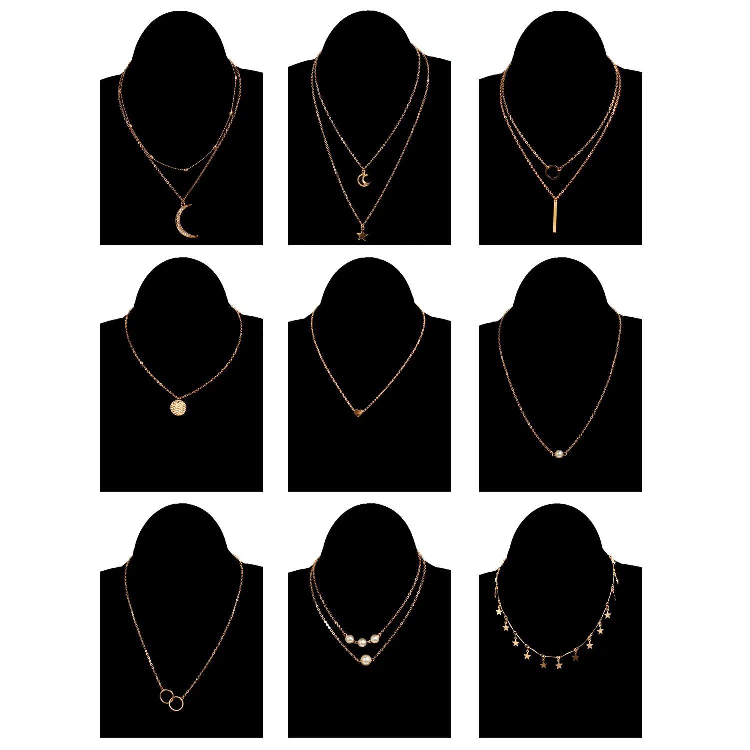 9 Pcs/ Set Simple Classic Alloy Pendant Chain Necklace Women Fashion Gold Moon Star Heart Statement Necklace