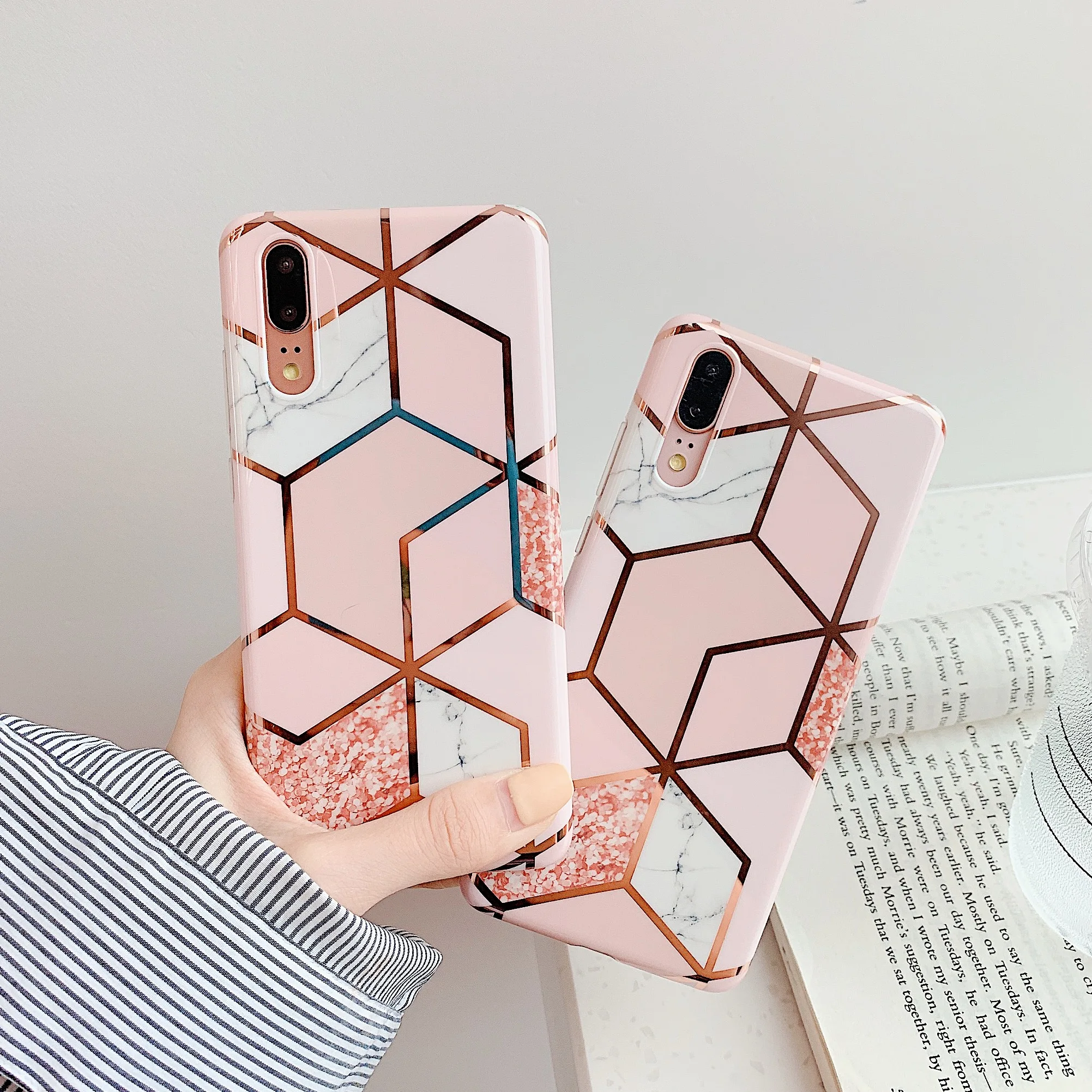 

Moskado Case for Huawei Geometric Golden Grid Phone Case for Huawei NOVA5 Marble IMD Cover for Huawei P20 P30 Pro