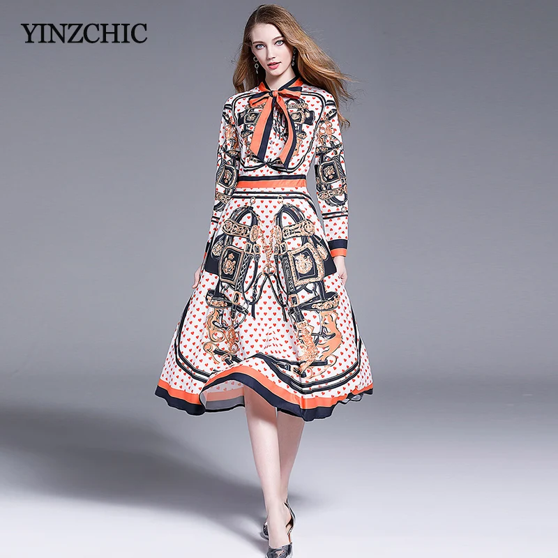 

Runway Woman Printed New Dress Bow-neck OL Elegant Party Dress Full Sleeve Autumn New Slim A-line Dress for Woman