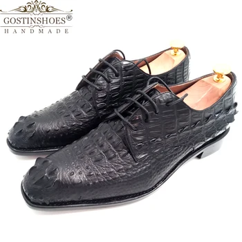 

Gostinshoes Handmade Goodyear Welted Real Crocodile Skin Black Pointed Lace Formal Dress Derby Shoes Men Wedding Office CH009