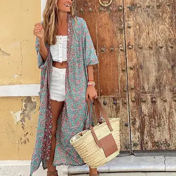 

Women Boho Autumn 3/4 Sleeve Floral Print Long Cardigan Kimono Cover Up Coat