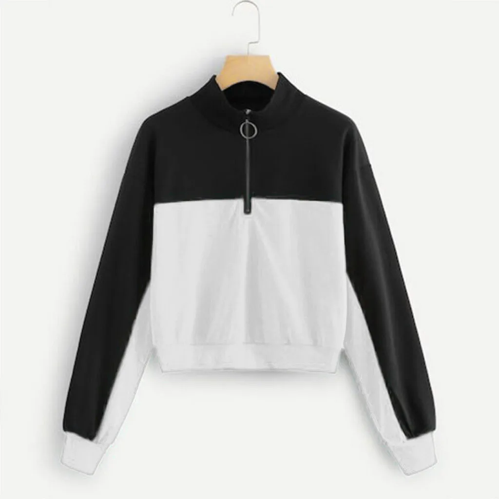 Jaycosin 2019 Fashion Autumn Women Simple Loose Colorblock Zipper Sweatshirt Stylish Long Sleeve Comfortable Casual Blouse 108#4