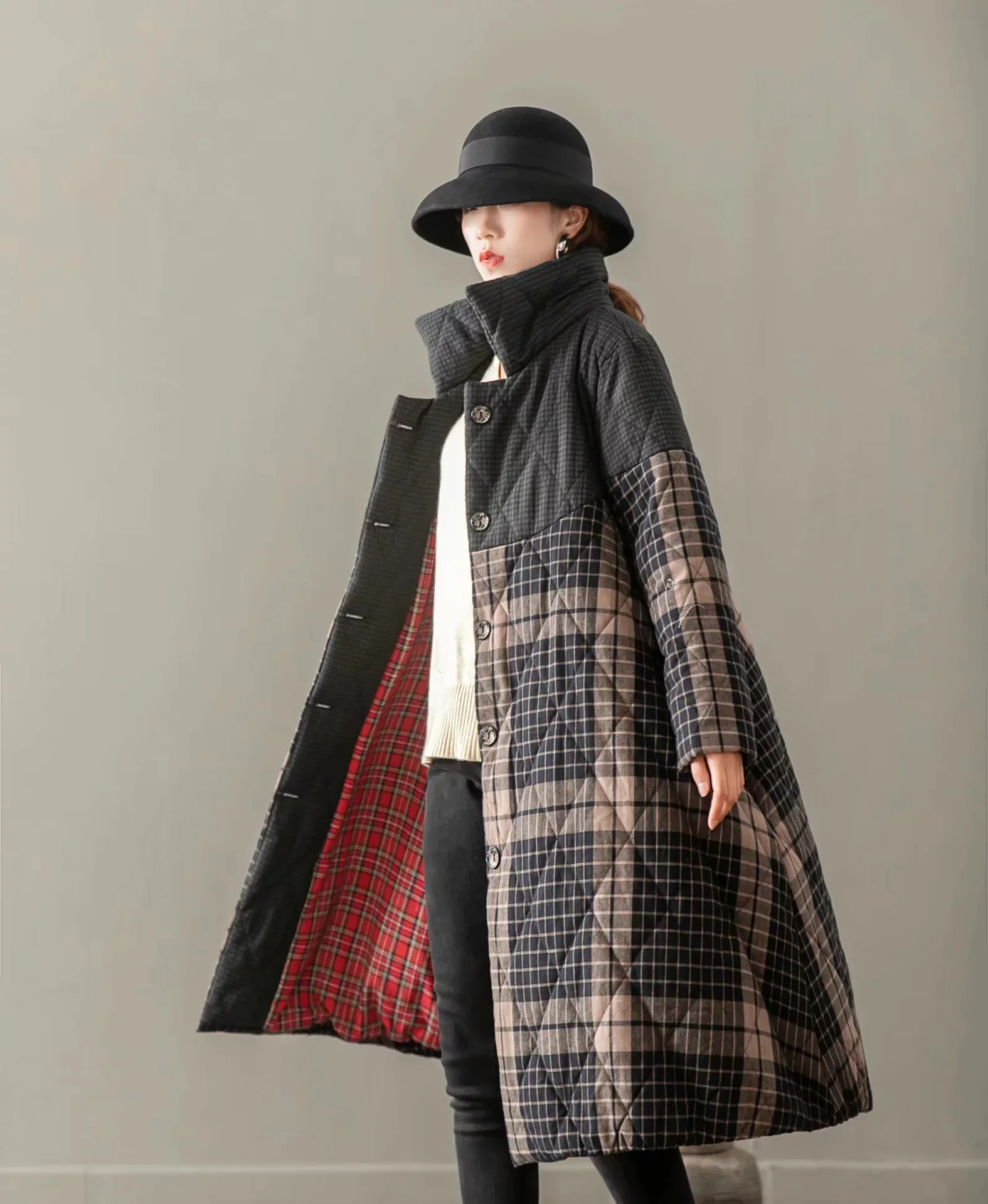 

Retro Plaid Stitching Contrast Color Fold-down Collar Long Sleeve Mid-length plus Cotton Cardigan Cotton-padded Clothes Loose Ca