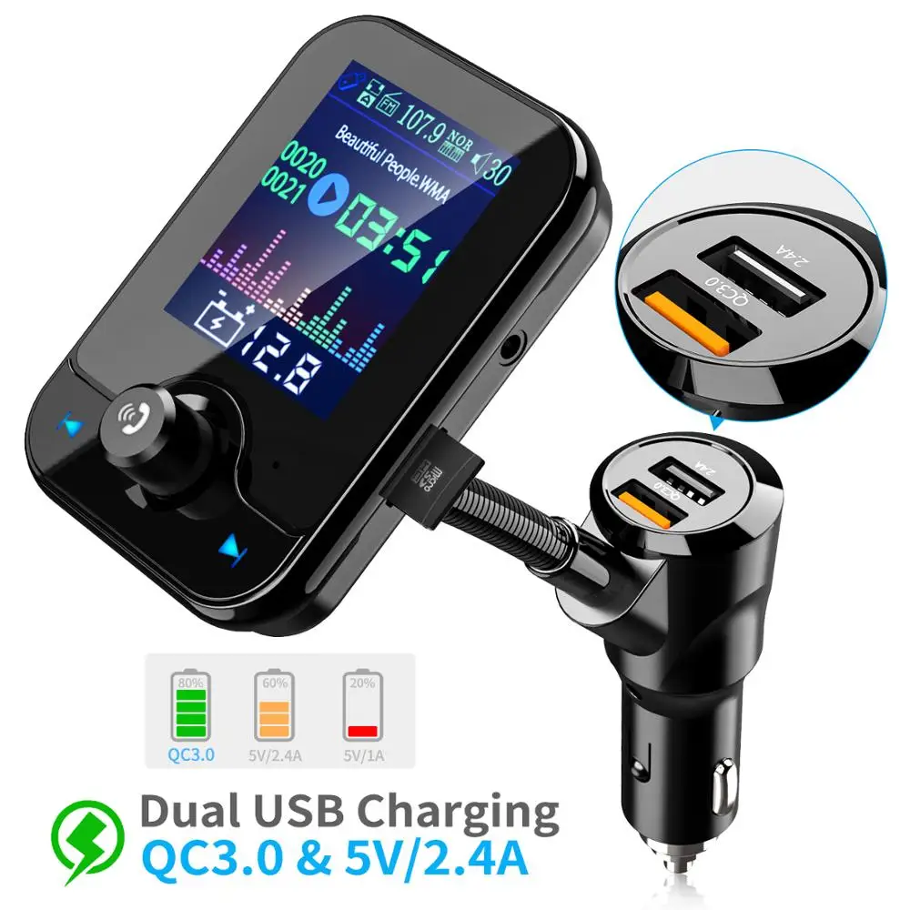 

JINSERTA Bluetooth 5.0 MP3 Player Handsfree Car Kit FM Transmitter support TF Card U disk QC3.0 2.4A Fast Dual USB Charger Power