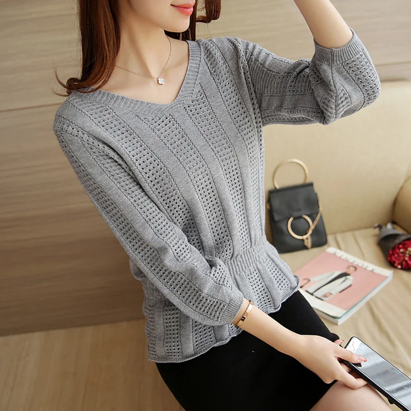 autumn new hollow V-neck sweater women's Korean casual fashion sweater nine-point sleeve thin loose waist bottoming shirt