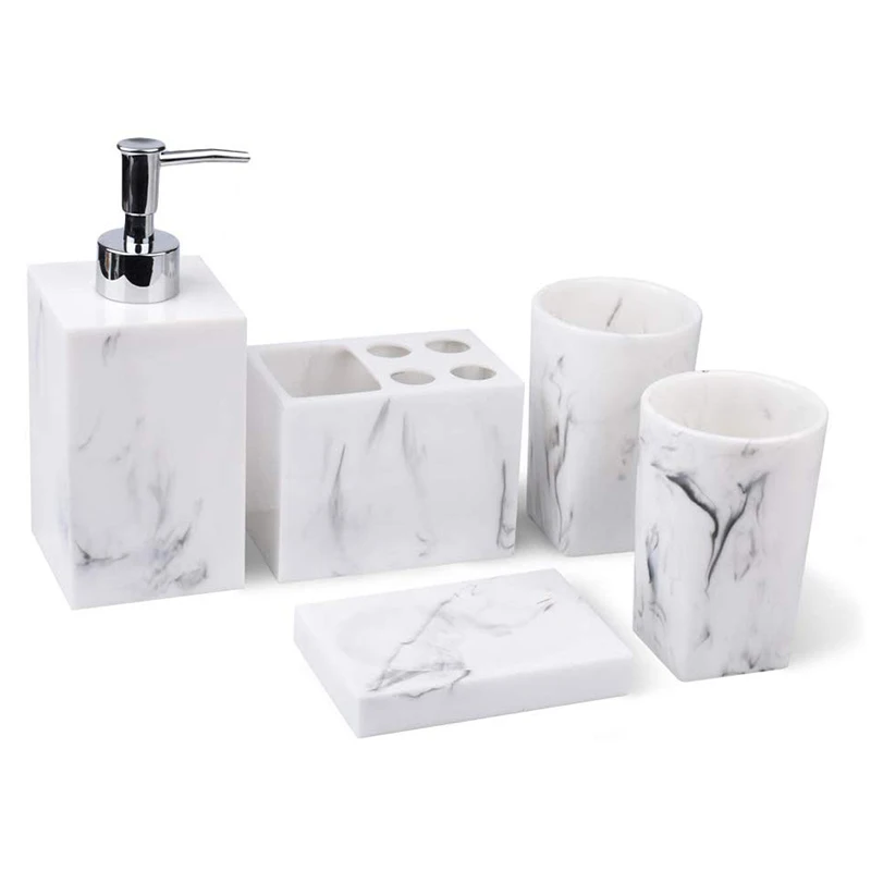 

5-Piece Bathroom Counter Top Accessory Set - Dispenser for Liquid Soap Or Lotion, Soap Dish, Toothbrush Holder and 2 Tumblers, M