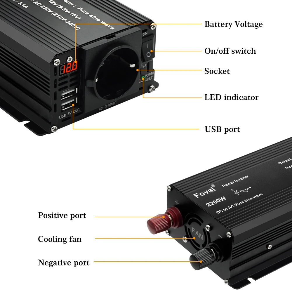 Foval DC 12V zu AC 220V Reine Sinus-wechselrichter 1500W/2200W/2600W/3000W  LED Voltmeter Konverter Transformator EU Buchse - AliExpress