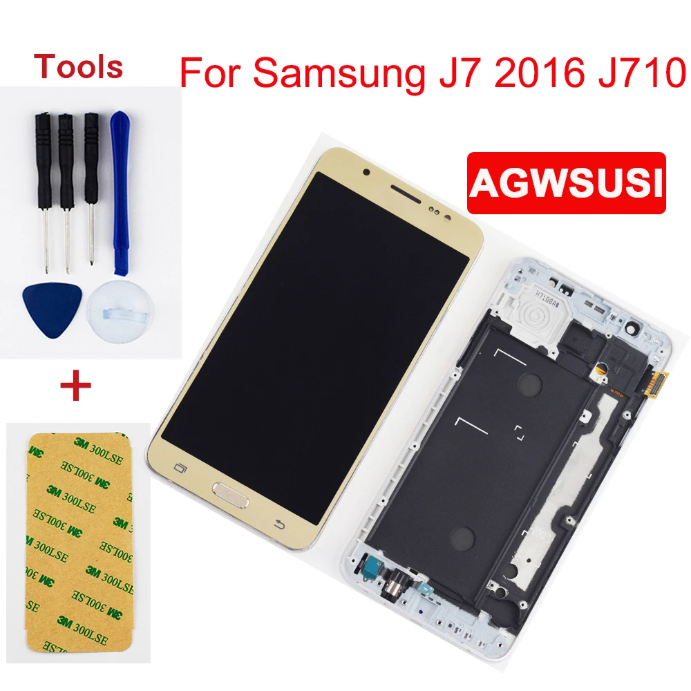 Дешево Для samsung Galaxy J7 2016 ЖК экран J710 SM J710F J710M J710H J710FN ЖК панель кодирующий преобразователь сенсорного экрана в сборе рамка