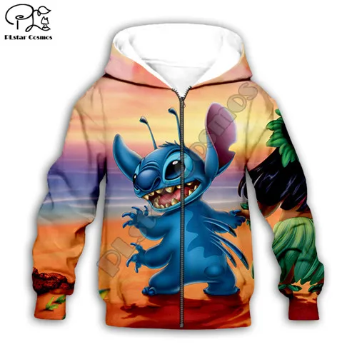 Детская одежда Lilo Stitch 3D Толстовка с капюшоном для маленьких мальчиков и девочек; Пляжный пуловер с принтом; свитер с длинными рукавами с героями мультфильмов; уличная одежда; костюм 2 - Color: Kids Zipper Hoodie