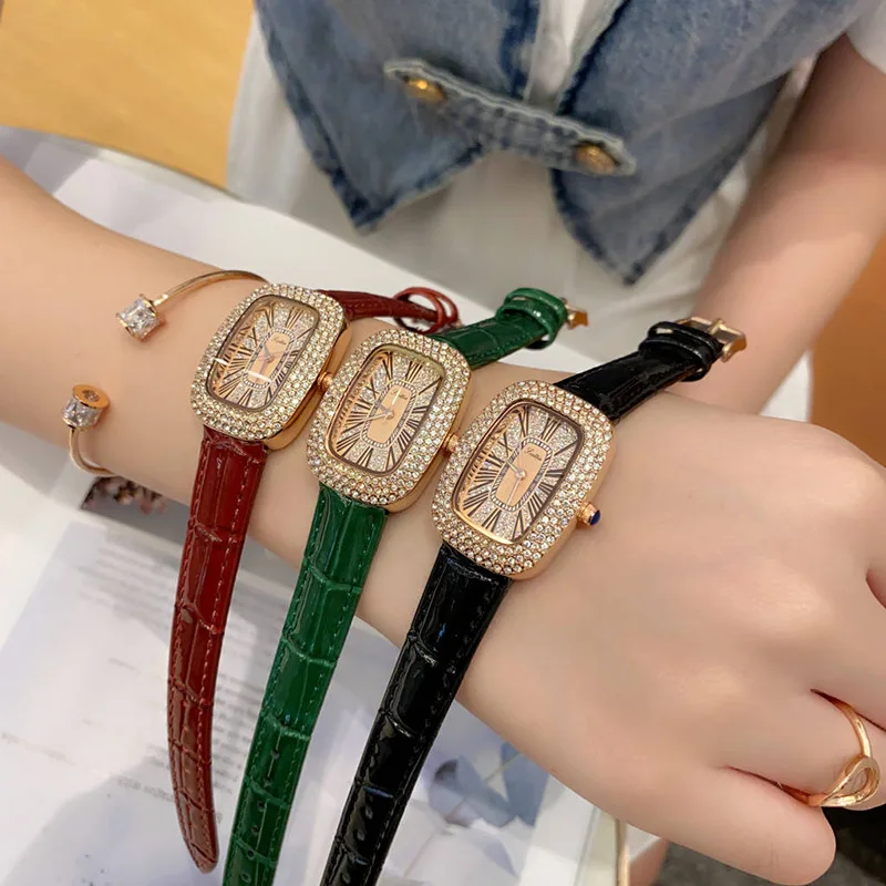 Luxury Diamond Crystal Women Watches Top Brand Luxury Leather Quartz Wrist Watch Girl Ladies Gift Clock Oval Shaped Wristwatch