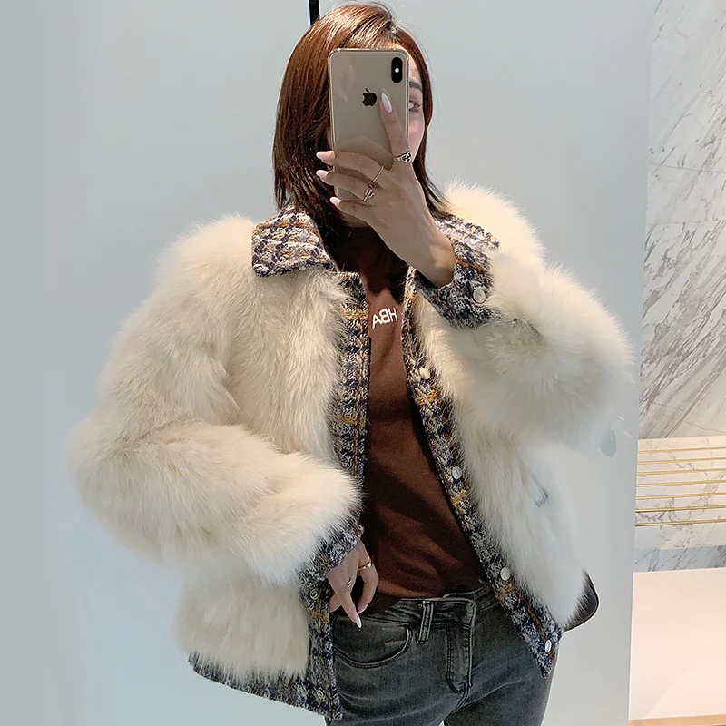 rf2041 Turn Down Collar New Arrival Woman's Real Fox Fur Jacket Fashion Natural Fur Coat for Ladies - Цвет: Бежевый