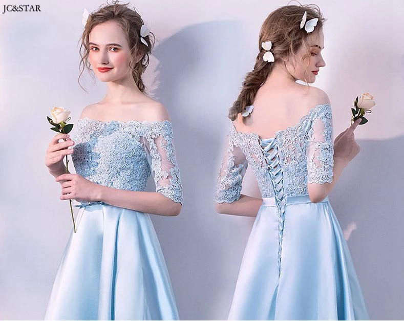 Sukienka druhna new OFF shoulder lace satin half sleeve A Line sky blue bridesmaid dress long women dress for wedding party vest