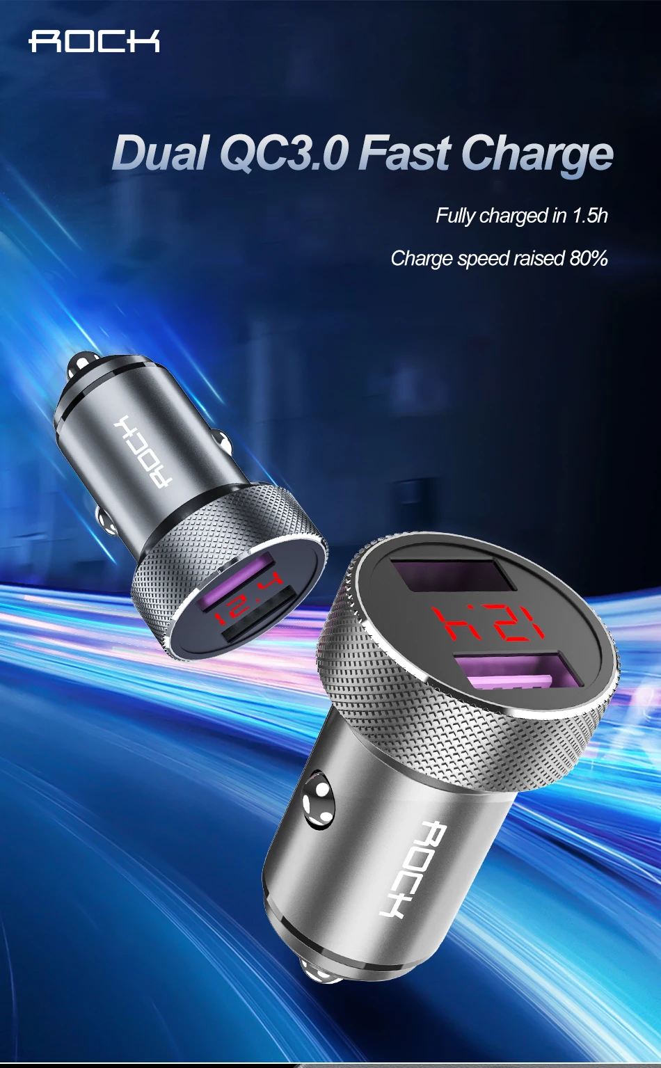 ROCK цифровой светодиодный USB металлическое автомобильное зарядное устройство дисплей двойной QC 3,0 Быстрая зарядка Usb зарядное устройство для iPhone 11 samsung huawei Xiaomi