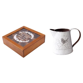 

9 Section Wooden Chic Tea Box Compartments Container Bag 24x 24 x 7cm -Wood Color & French Retro Rural White Flower Pots