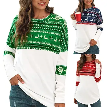 

Christmas Sweaters for Women Men O Neck Color Block Deer Snowflake Print Sweaters Winter Unisex Blouse Pullover Sweaters