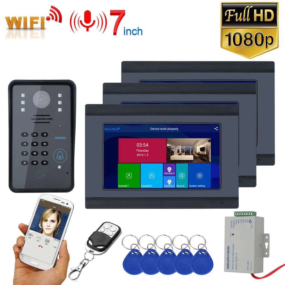 7inch 2 Monitors Wireless Wifi RFID Password Video Door Phone Doorbell Intercom Entry System with Wired IR-CUT 1080P Wired Camer - Цвет: 709B710BGLD13