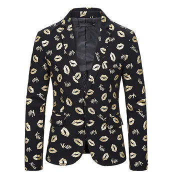 

Black gold Blazer Men Kiss Lip Print Suit Jacket Men Wedding Groom Tuxedo Blazer DJ Club Party Stage Clothes for Singers XXL
