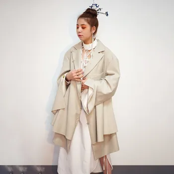 

loose 2020 New Spring Autumn Lapel Long Sleeve Backless Hollow Out Irregular Hem Big Size Windbreaker Women Trench Fashion JO345