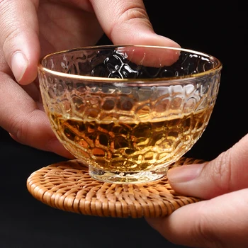 

Japanese Hammer Pattern Transparent Small Gold Tea Cup Glass Kung Fu Black Tea Da Hong Pao Teaware Free Shipping