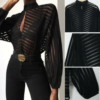 

Women Sexy Mesh Sheer Blouses Ladies Long Sleeve Striped Front Hollow Out Transparent Shirts Blusas Mujer Camisas