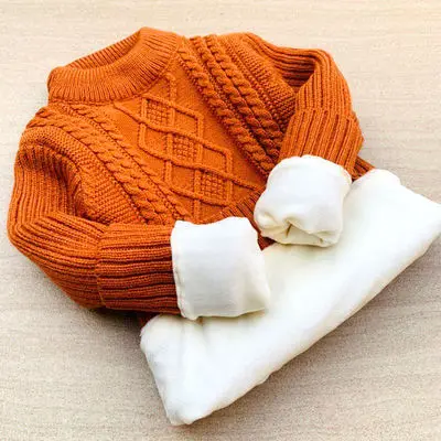 Новая детская одежда теплые хлопковые пуловеры для маленьких мальчиков, свитера с плюшевой подкладкой зимняя облегающая трикотажная куртка с воротником под горло для девочек от 1 до 12 лет - Цвет: low collar orange