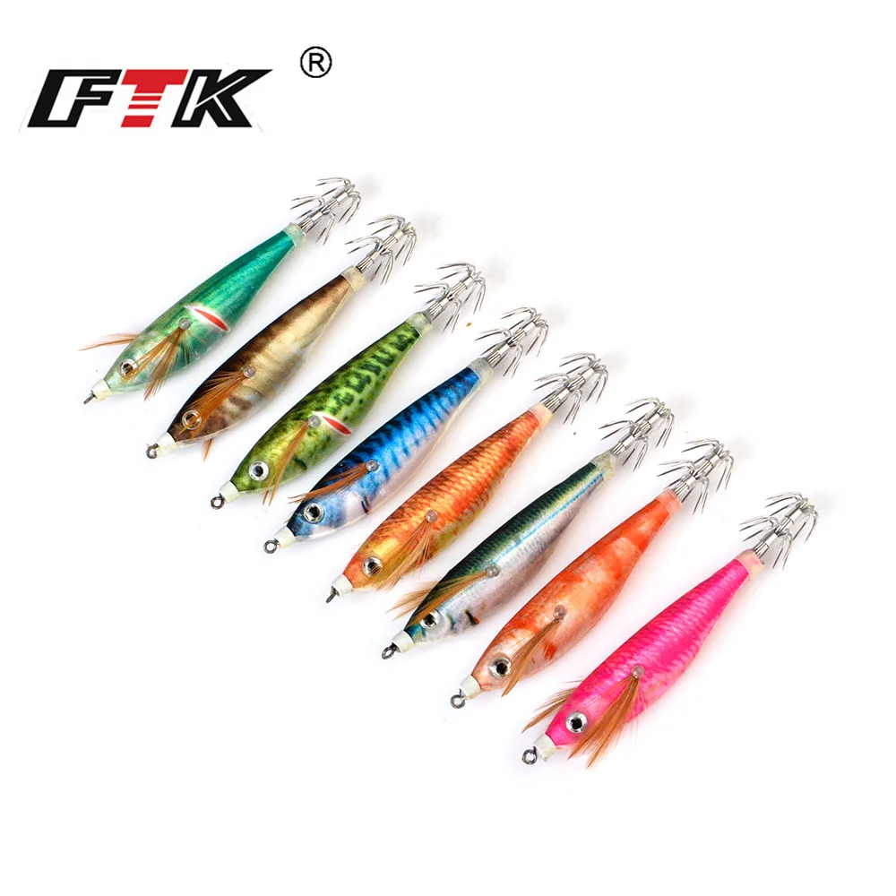 FTK Meer Angeln Köder Harten Köder Holz Garnelen 8 cm 10g Angeln Wobbler Tintenfisch Haken Jig Künstliche Köder jigging locken Octopus Köder